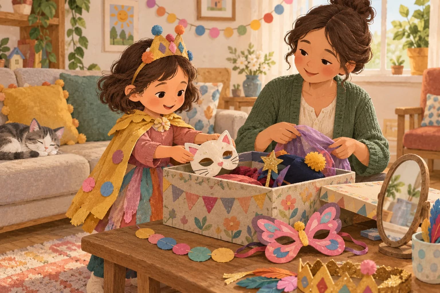 Un enfant range son masque de chat dans une boîte avec sa maman, pendant une pause de Carnaval.