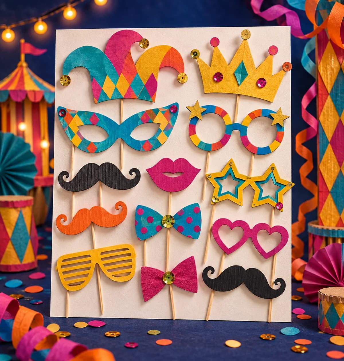 Accessoires photobooth de Carnaval à imprimer : Les six accessoires colorés sont fixés sur des manches plats en papier plié. Les lunettes restent pleines, avec leurs verres dessinés : tu l