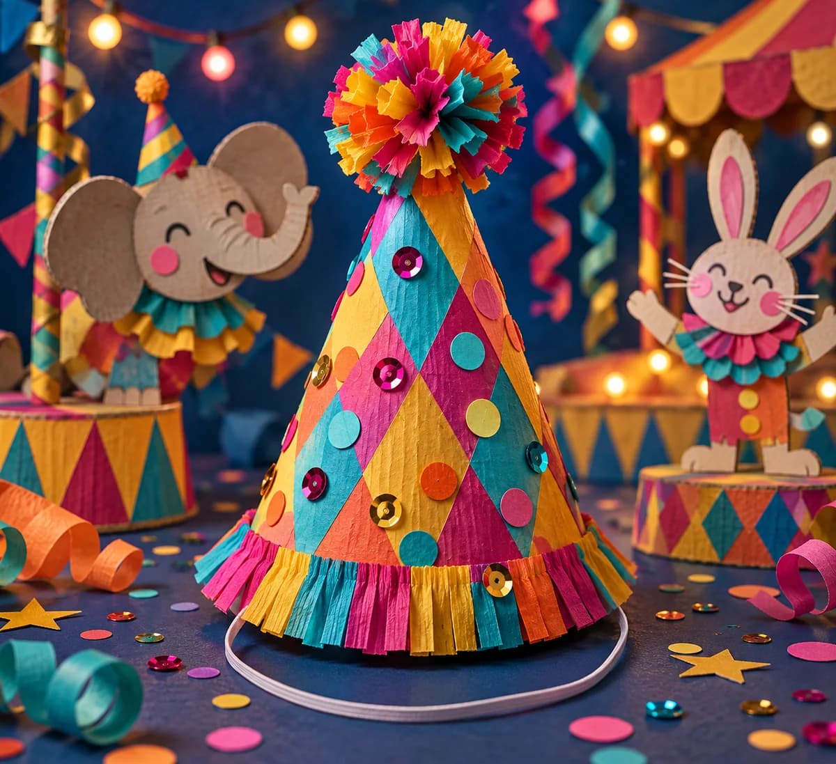 Chapeau pointu de fête à fabriquer : Le chapeau forme un cône d’environ 36 cm de haut, couvert de confettis en papier de 1 à 2 cm. Un pompon à franges dépasse de la pointe. Un é