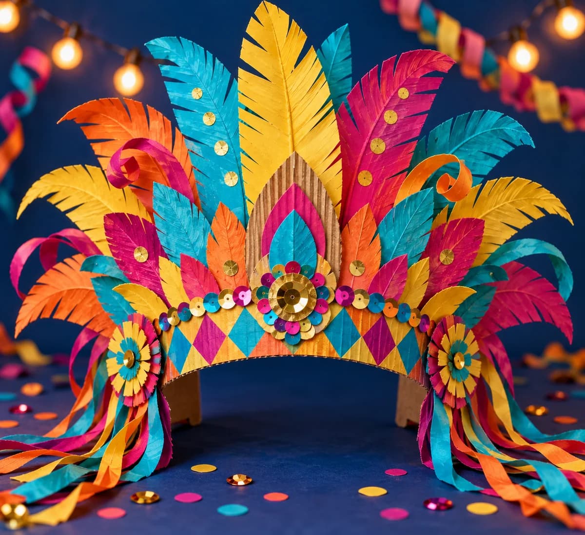 Coiffe à plumes du carnaval de Rio en papier : Neuf plumes de papier se déploient au-dessus d'un bandeau de carton : les plus hautes sont au centre, les plus courtes sur les côtés. Douze