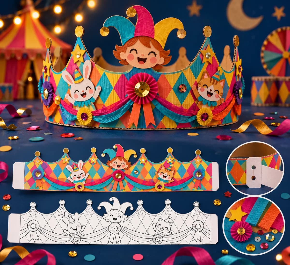 Couronne de Carnaval à imprimer : La couronne forme un bandeau de papier à grandes pointes, haut de 8 cm au maximum. Les dessins décorent les pointes et la base. Deux raccord