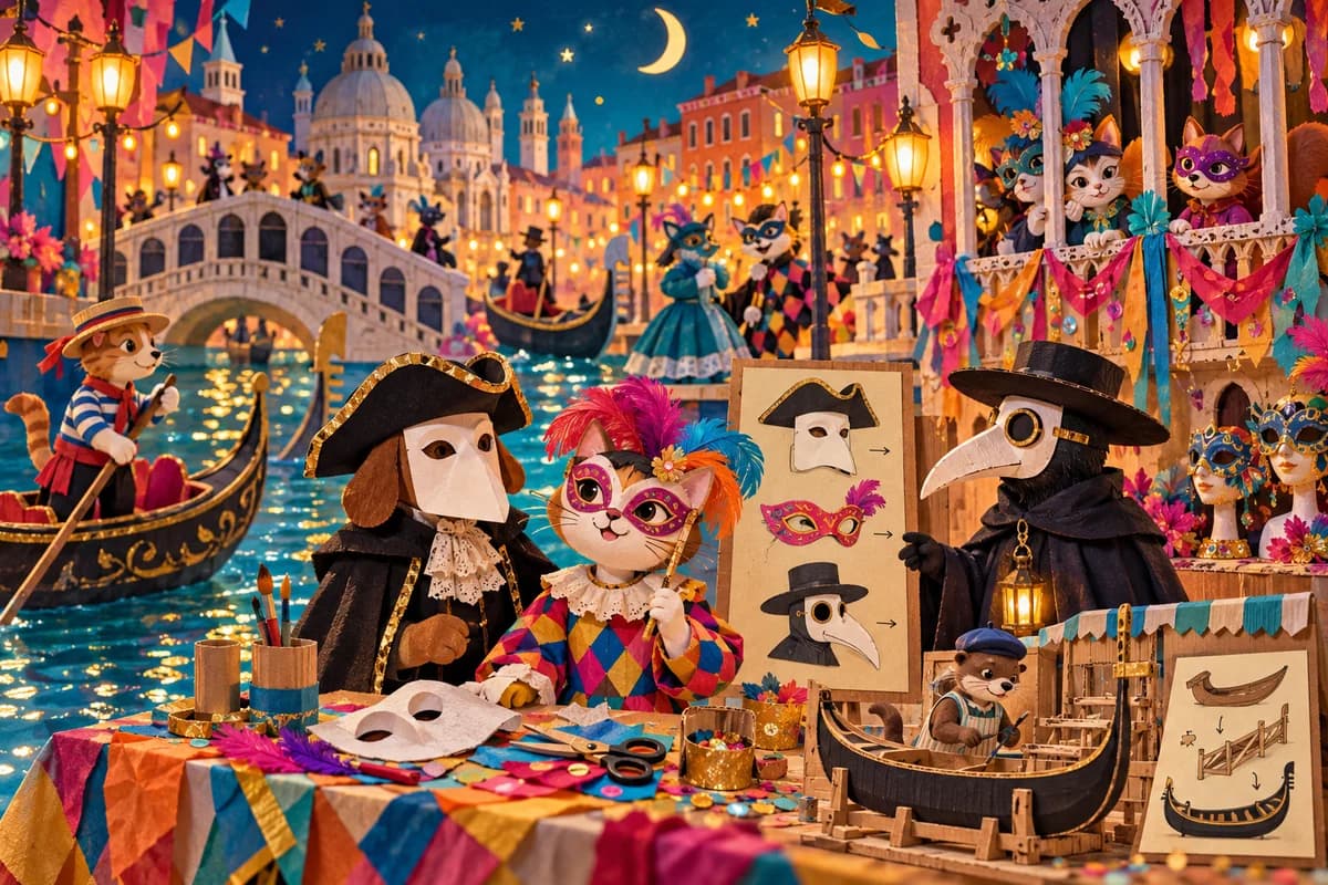 Le carnaval de Venise expliqué aux enfants : Un demi-masque en papier décoré de motifs géométriques, avec de larges ouvertures pour les yeux. Une poignée plate en carton, fixée sur le c