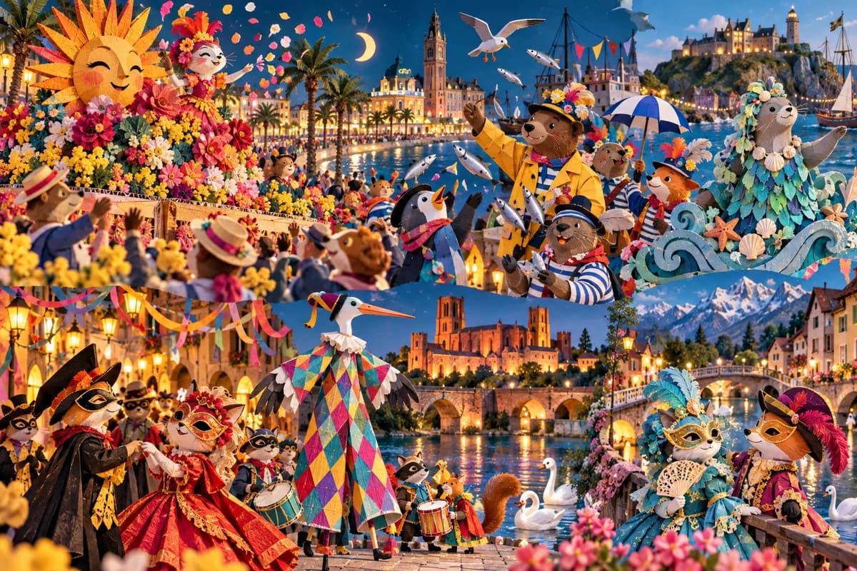 Les carnavals de France : Nice, Dunkerque, Granville, Limoux : Le livret « Le tour de France des carnavals » comporte huit pages : une couverture, six pages consacrées aux villes et une dernière page pou