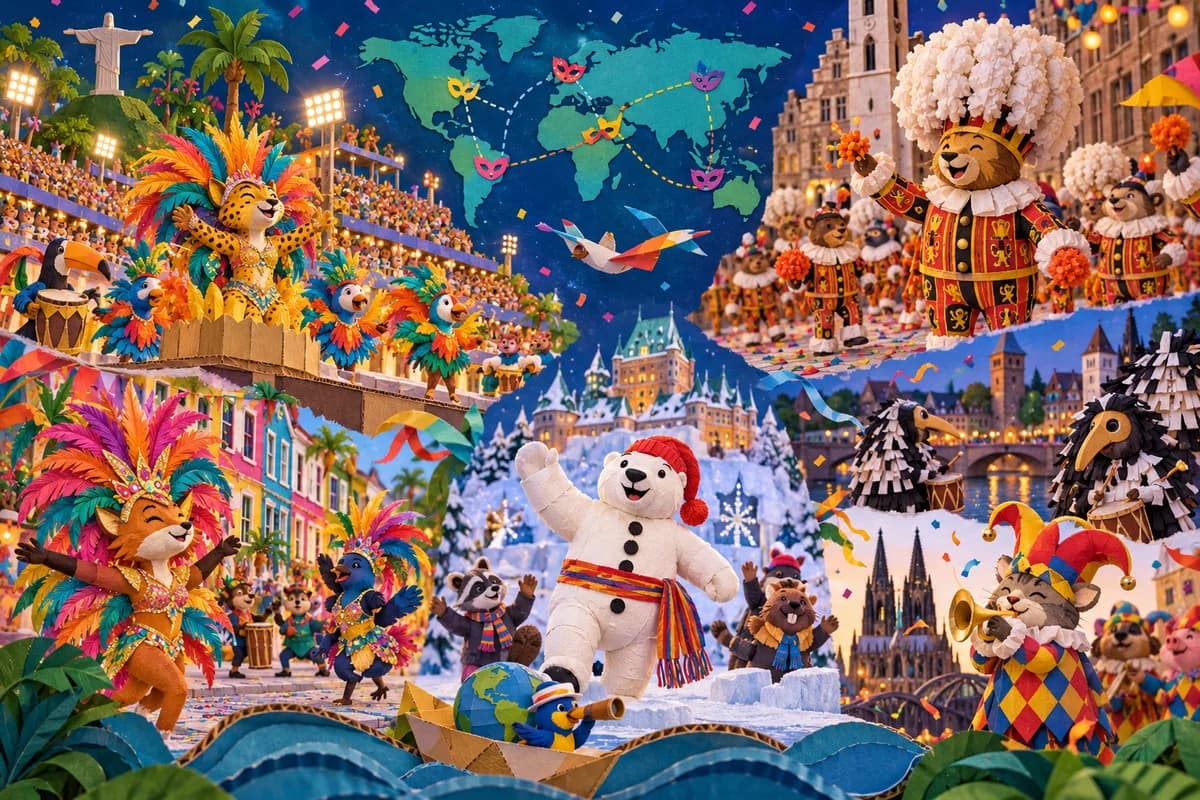 Le carnaval de Rio et les carnavals du monde : Une grande feuille présente une carte simplifiée avec six repères colorés, de l'Amérique à l'Europe. Autour, six dessins légendés montrent u