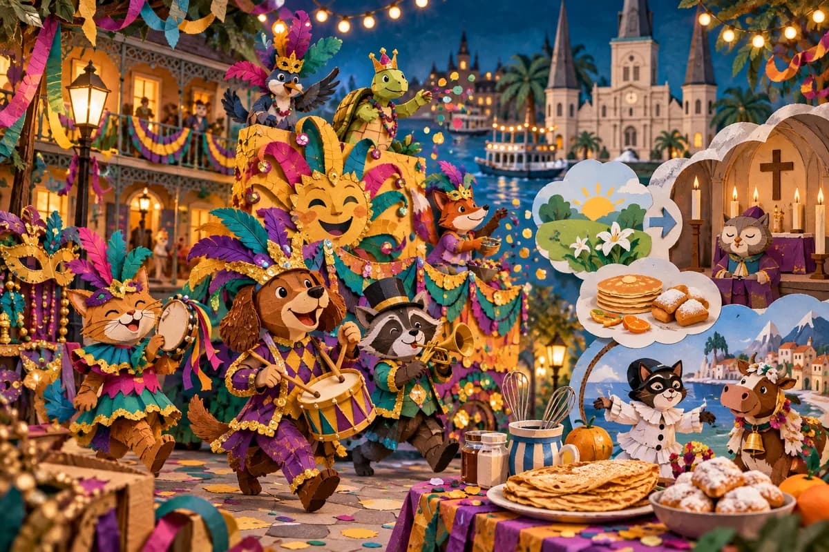 Mardi gras 2027 : date, origine et traditions : Tu obtiens un masque en papier à tenir devant le visage, une couronne ajustée à ta tête et trois décorations en accordéon. Si tu choisis aus