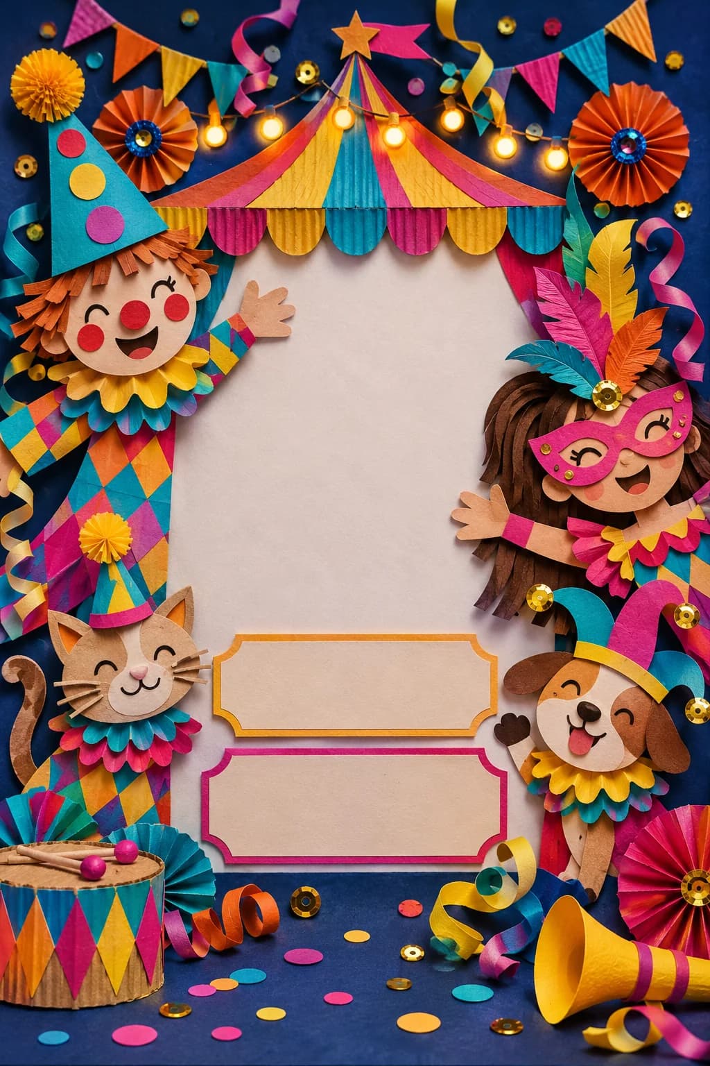 Affiche de Carnaval à colorier et compléter : L'affiche de 21 × 29,7 cm porte le titre « Carnaval » au-dessus de trois encadrés réservés à la date, à l'heure et au lieu. Des masques, des