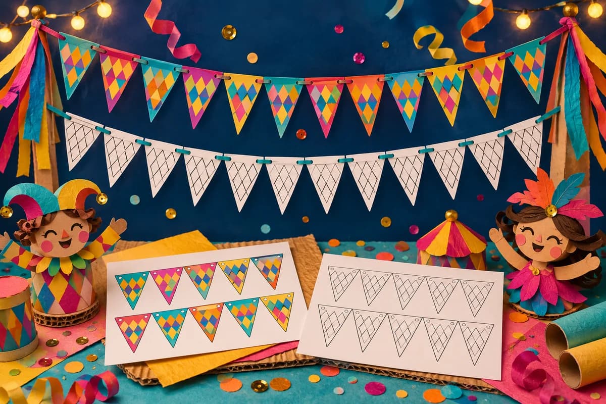 Guirlande de fanions de Carnaval à imprimer : Douze fanions triangulaires en papier forment une guirlande à installer contre un mur, avec un espace de 3 cm entre chaque triangle. Chaque