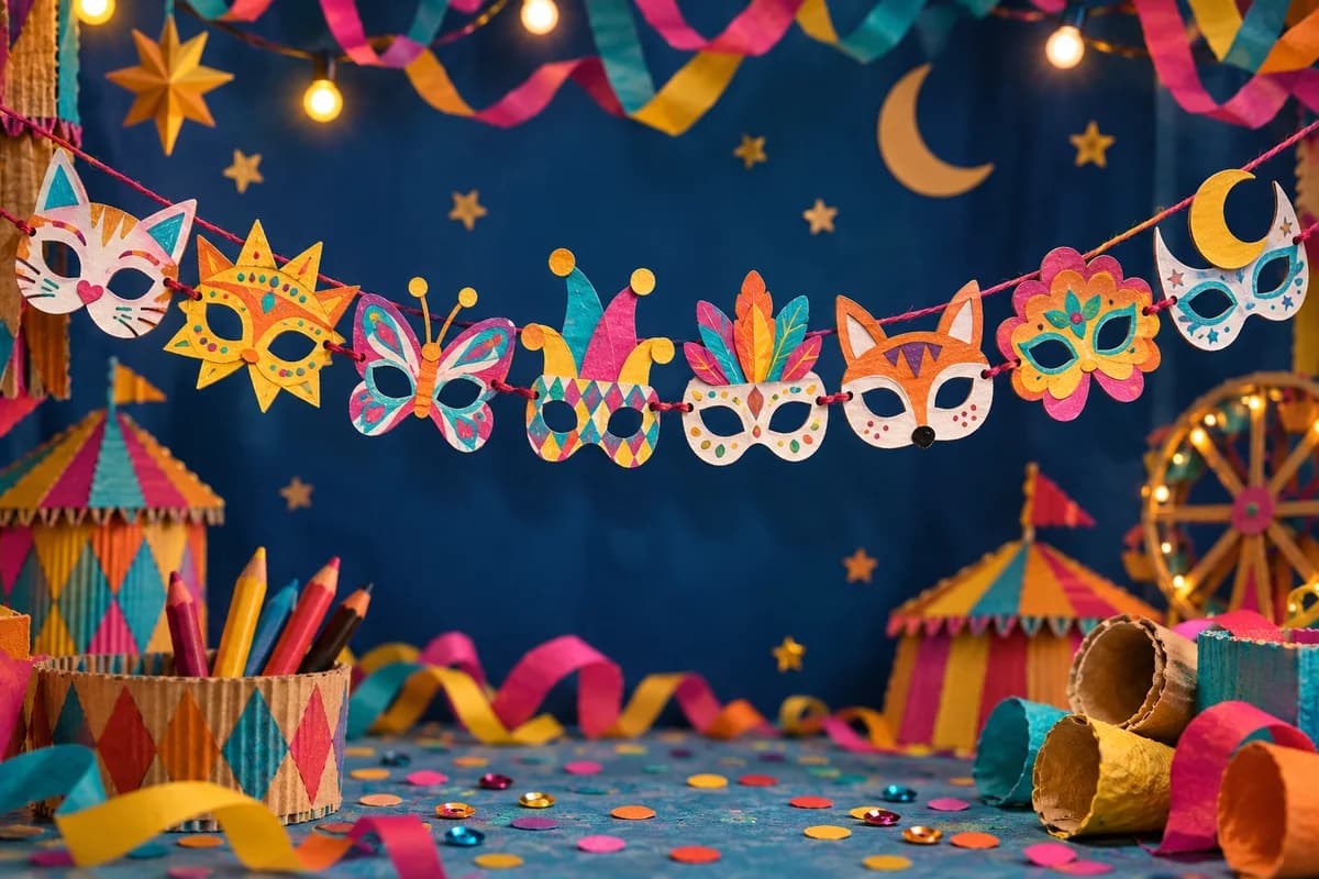 Guirlande de petits masques à colorier : Huit masques en papier, chacun inscrit dans un rectangle de 12 cm sur 6 cm, sont alignés sur une ficelle avec environ 5 cm entre deux modèle