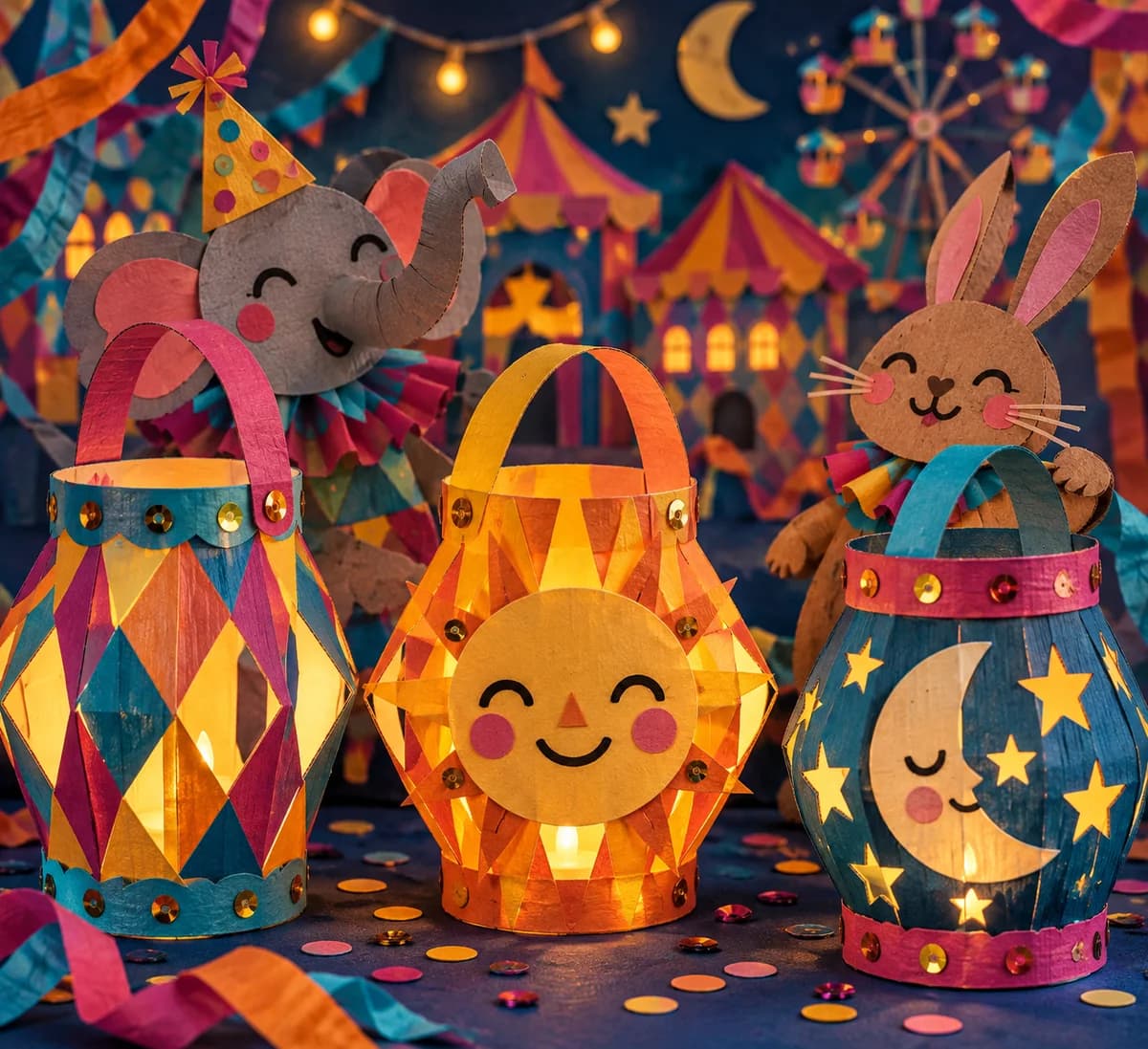 Lampions en papier : Le lampion forme un cylindre ajouré, légèrement bombé, avec une anse arrondie. Ses bords supérieur et inférieur mesurent environ 9 cm de dia