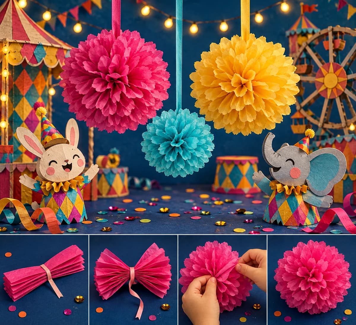 Pompons en papier de soie : Trois pompons ronds de tailles différentes forment une décoration suspendue. Leurs nombreuses couches de papier fin dessinent des pétales au
