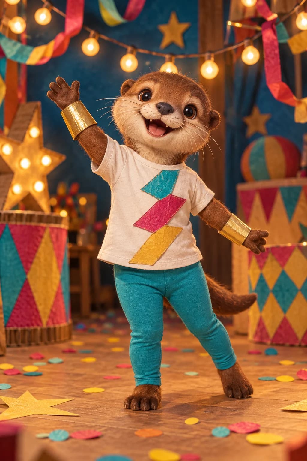 Déguisement d'acrobate de cirque fait maison pour Carnaval : Tu portes un tee-shirt décoré de trois losanges disposés comme un grand éclair, avec un legging uni qui te laisse bouger facilement. À tes p