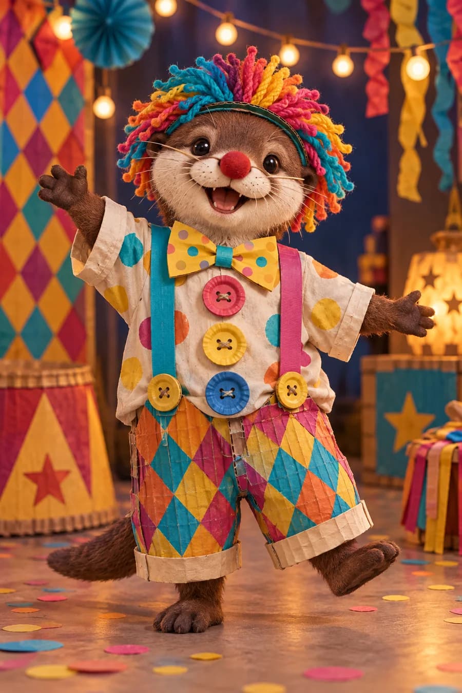 Déguisement de clown avec ce qu'on a : Une chemise ample couvre le haut du pantalon, avec trois boutons multicolores en carton, deux bretelles décoratives et un grand nœud papillo