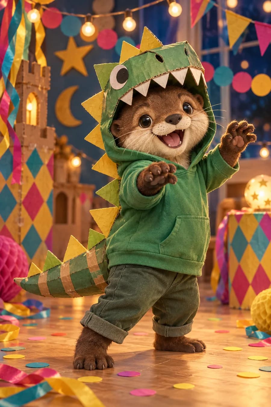 Déguisement de dinosaure fait maison : Le sweat vert porte une rangée de pointes en carton aux sommets arrondis. Dès 4 ans, la crête peut partir du dessus de la capuche et se prol