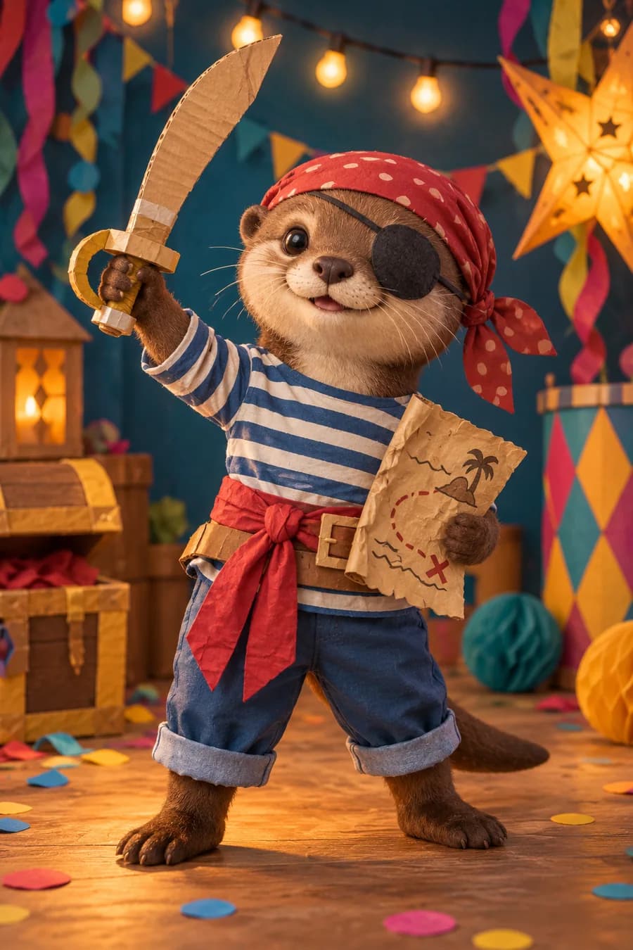 Déguisement de pirate sans couture : Un haut rayé et un pantalon retroussé composent la tenue, avec un foulard noué sur la tête et une ceinture en tissu. Le cache-œil noir repos