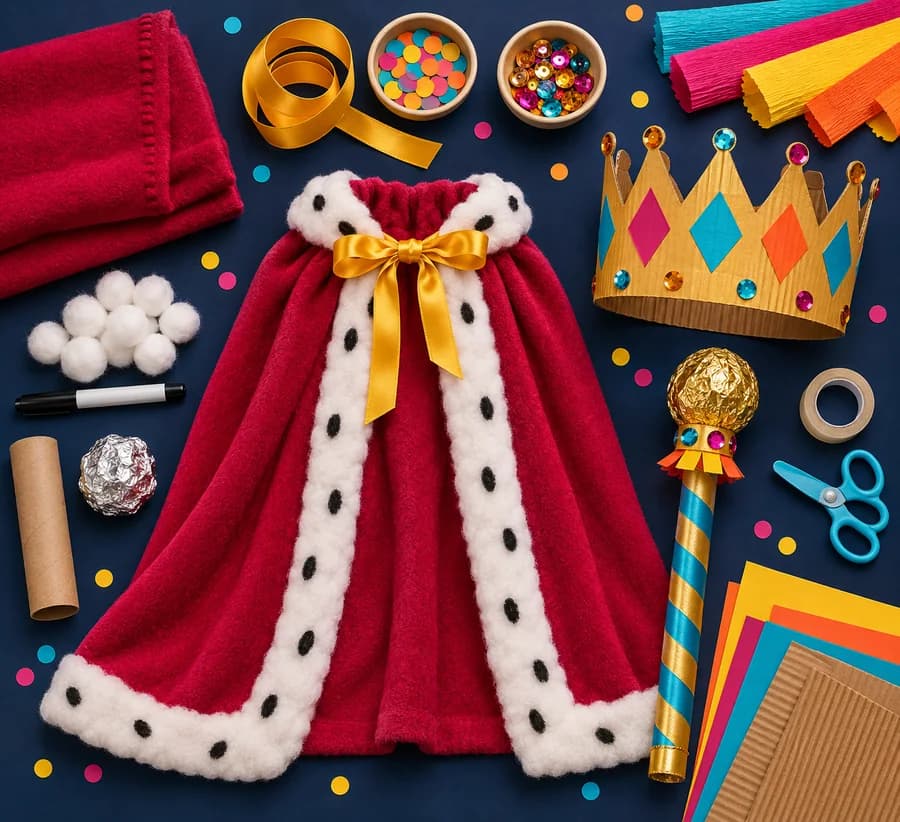 Le matériel du déguisement de roi ou de reine : cape et couronne