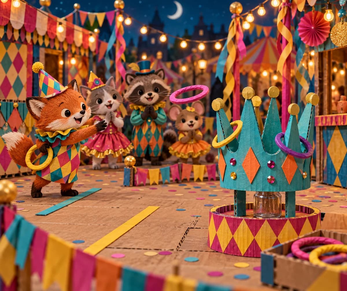Anneaux sur la couronne : jeu de carnaval à organiser : Devant toi, tu découvres une couronne turquoise décorée de losanges orange, maintenue debout autour d’une bouteille lestée. Tes trois anneau