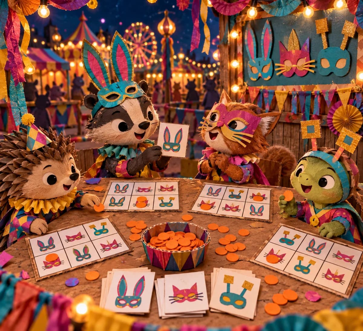 Bingo des masques : jeu de carnaval à organiser : Devant toi, tu retrouves une grille de six cases, huit cartes de tirage et une réserve de jetons orange. Chaque masque possède un signe bien