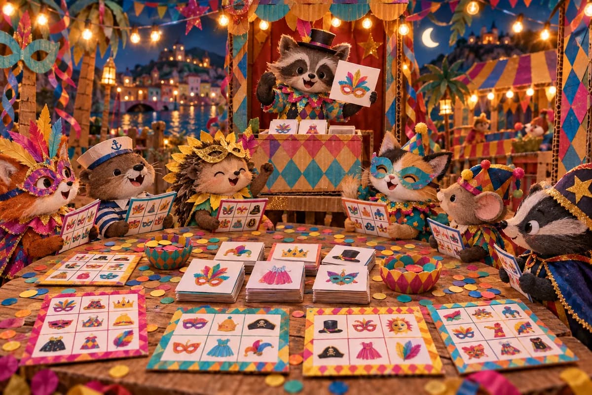 Bingo de Carnaval à imprimer : Les 8 grilles comportent chacune 9 cases illustrées de masques et d'accessoires de déguisement. À côté, 12 cartes de tirage reprennent ces d