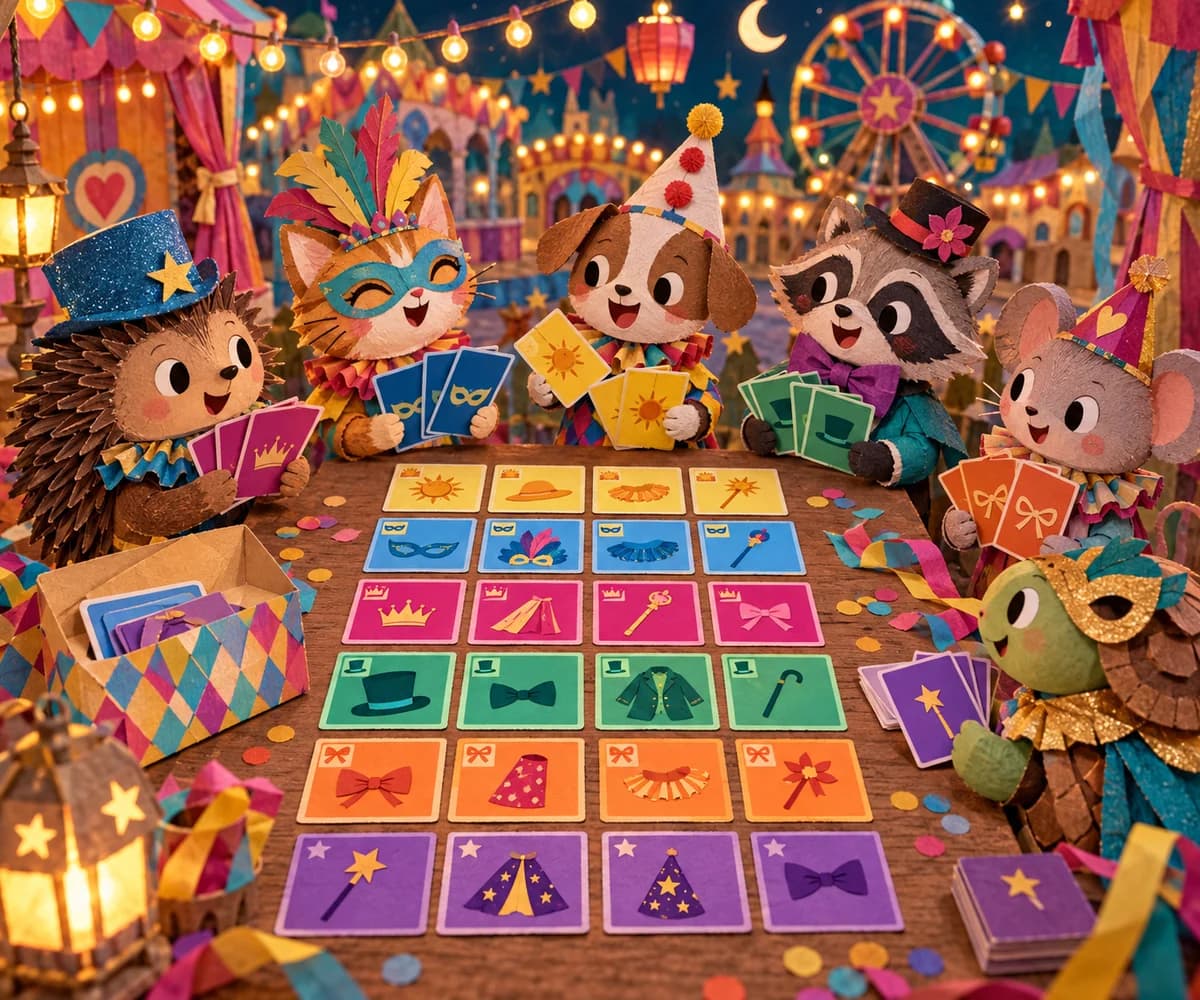 Cartes sept familles du carnaval : jeu de carnaval à organiser : Tu obtiens 28 cartes rectangulaires de 9 × 8 cm, réparties en sept familles de quatre accessoires. Chaque famille possède sa couleur et son