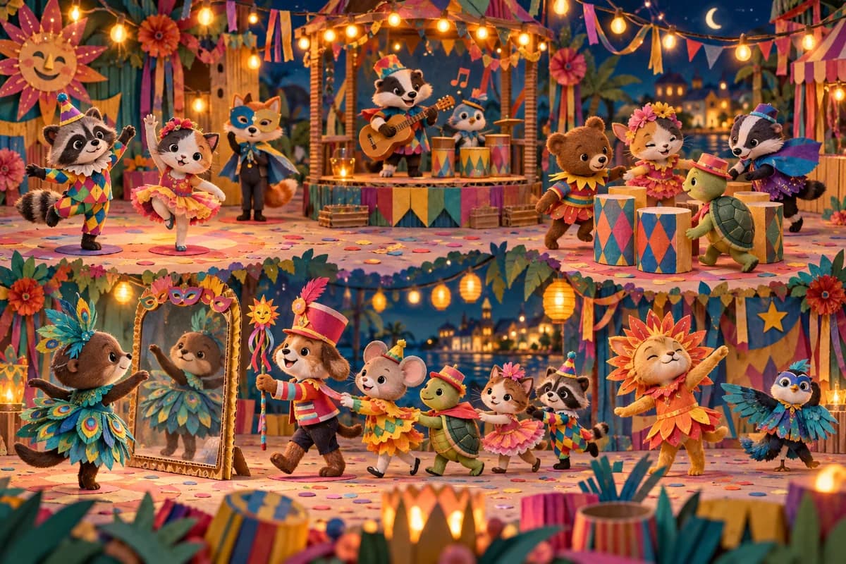Jeux musicaux de Carnaval pour la maternelle : Le groupe réalise cinq petits jeux musicaux sans élimination. Les enfants dansent dans une zone dégagée, prennent des poses de Carnaval et d
