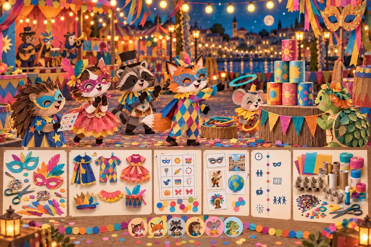 Kit de Carnaval pour la classe (CP au CM2) : À la fin de la séance, les 28 enfants ont chacun un masque décoré avec une poignée en papier plié et une grille de bingo coloriée. Les neuf