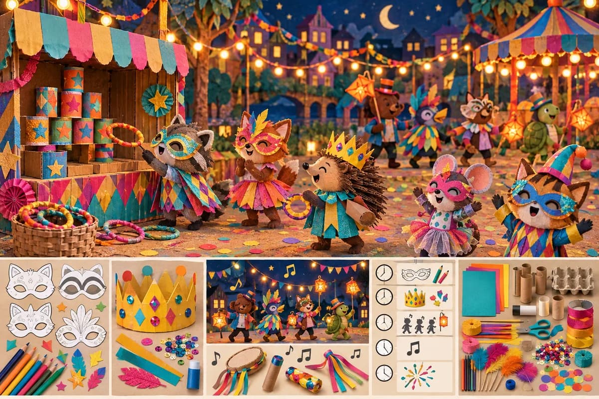 Kit de Carnaval pour la classe de maternelle : Chaque enfant réalise un masque en papier décoré, tenu par une languette latérale, et une couronne à larges pointes. Les couronnes se porten