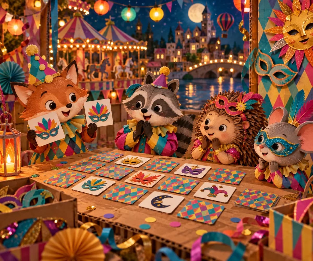 Memory des masques à imprimer : Le jeu comprend 24 cartes carrées : 12 masques différents, chacun reproduit deux fois. Chaque carte mesure 7 cm de côté. Les dos restent bla