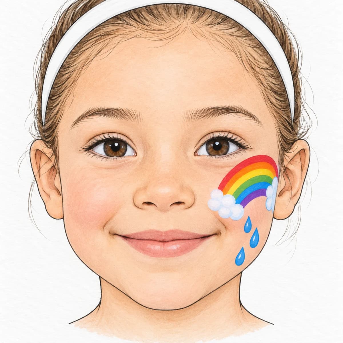 Maquillage d'arc-en-ciel facile pour enfant : Sur ta joue, tu découvres un petit pont rouge, orange, jaune, vert, bleu et violet, large d'environ quatre centimètres. Ses deux pieds se ca