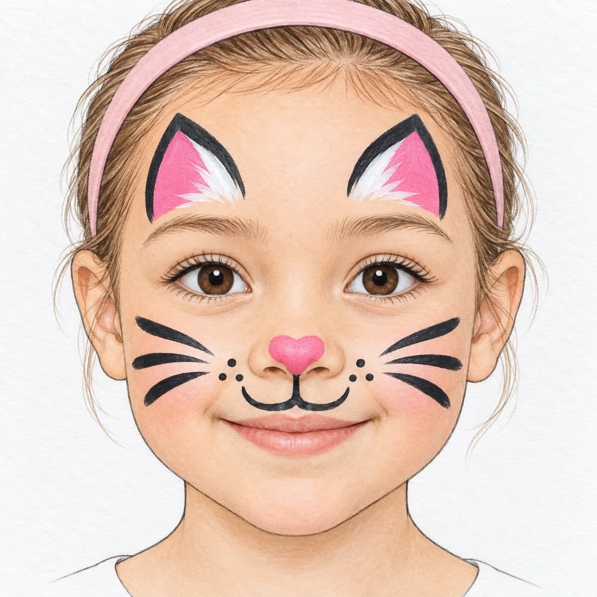 Maquillage de chat facile : Le bout du nez est rose, bordé de noir. Deux petites zones blanches portent les moustaches. Un trait court sous le nez, terminé par deux pet