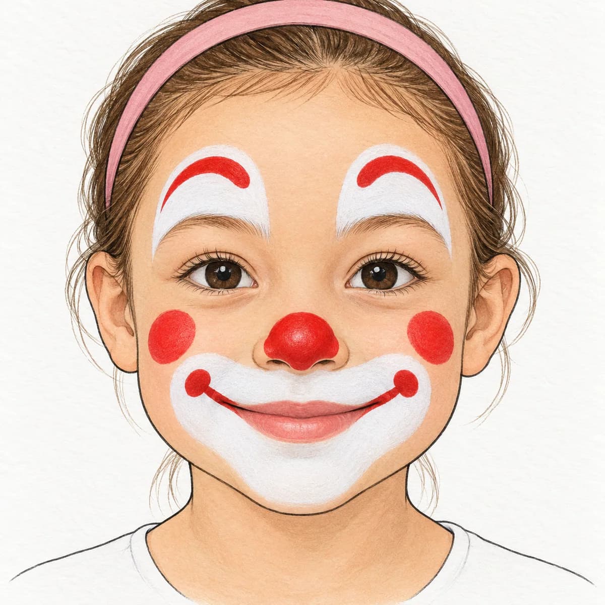 Maquillage de clown simple : « Le clown qui sourit » porte deux touches blanches au-dessus des sourcils, trois autres autour de la bouche et un petit nez rouge. Deux sou