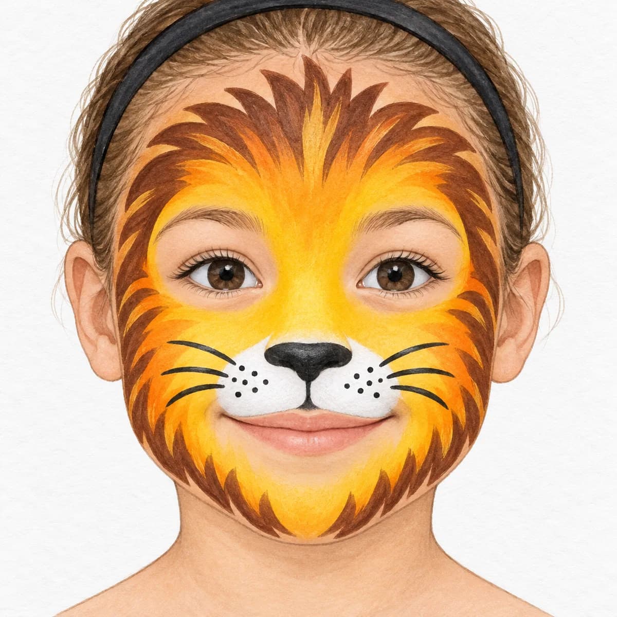 Maquillage de lion : « La crinière dorée » présente un visage jaune orangé bordé de mèches brunes, avec deux arrondis blancs au-dessus de la bouche. Le bout du n