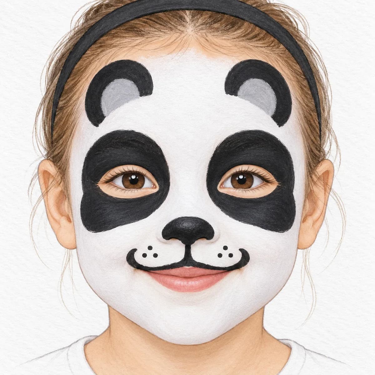 Maquillage de panda : « Le panda tout doux » présente une base blanche, deux taches noires décalées vers les tempes et deux oreilles rondes sur le front. Un petit
