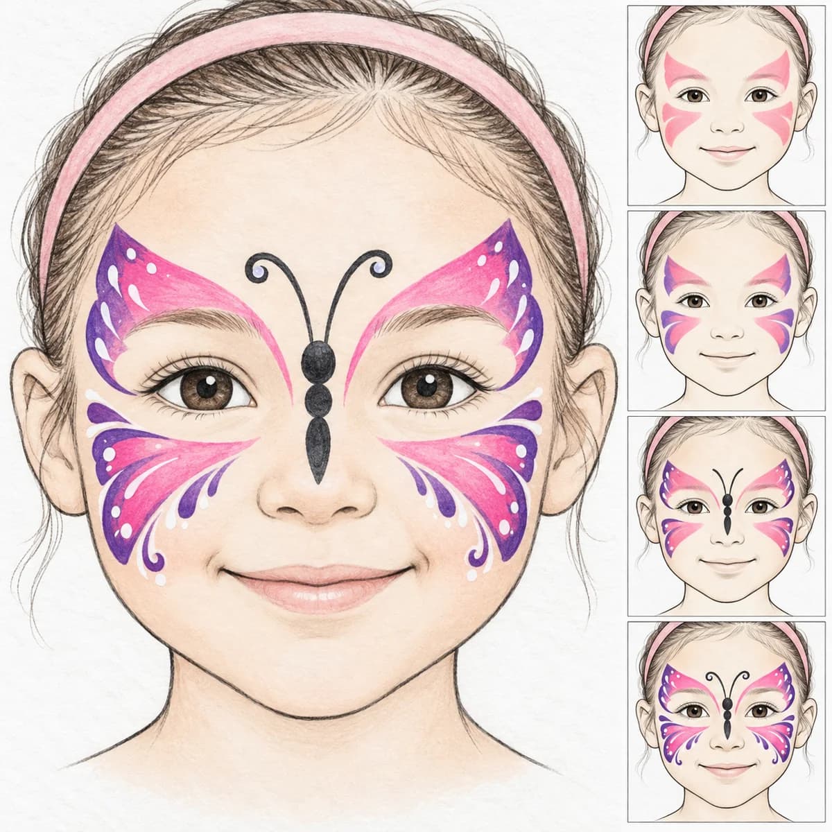 Maquillage de papillon facile : Une aile à deux lobes arrondis occupe chaque joue et remonte vers la tempe, à distance des yeux. Un trait noir sur le bas de l'arête du nez