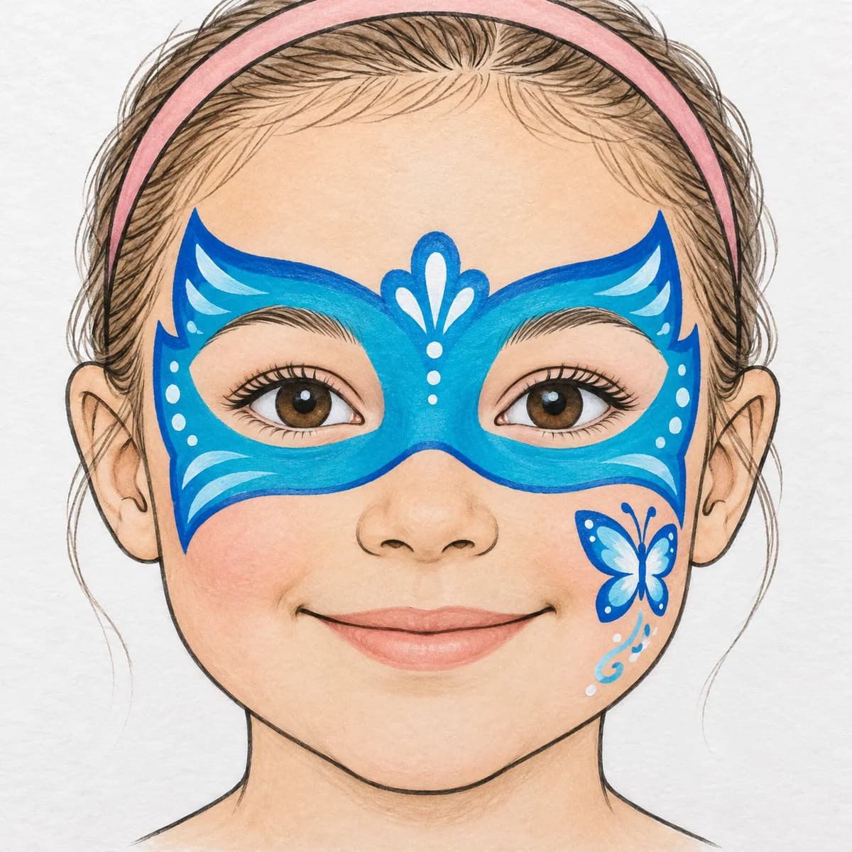 Maquillage de super-héros : Le masque bleu est bordé d'un trait noir sur le front et les côtés du visage, loin des yeux. Il ne couvre ni les paupières ni le nez. Un écl