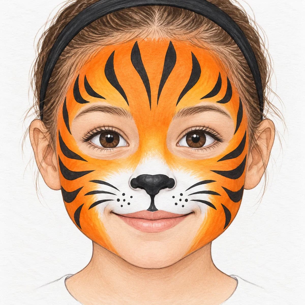 Maquillage de tigre : L’orange encadre les côtés du front et les joues. Deux zones blanches dessinent le museau, avec un petit nez noir, des rayures noires sur le