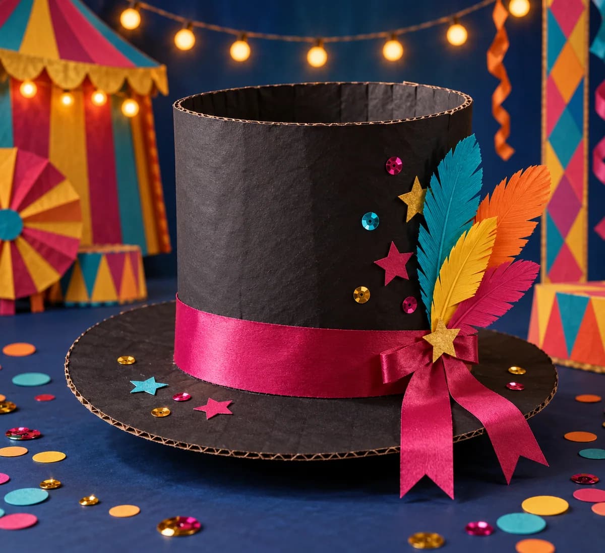 Chapeau haut-de-forme de magicien en carton : Le chapeau terminé mesure environ 18 cm de haut, avec un bord de 28 cm de diamètre. Pour un tour de tête de 50 à 56 cm, le bord dépasse d'en