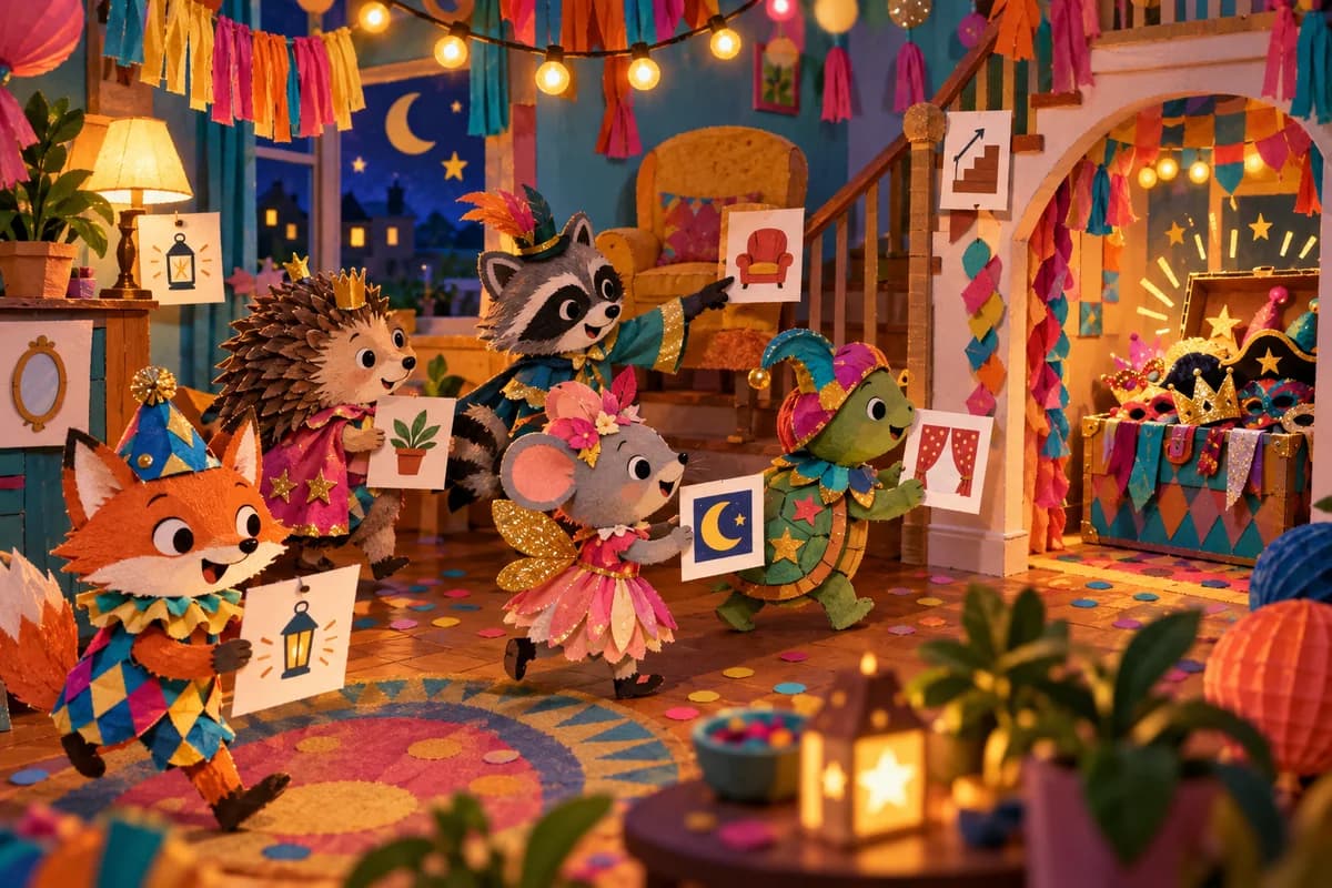 Jeu de piste du Carnaval à la maison : Huit cartes avec de grands dessins et des confettis dans les marges guident le groupe dans la maison. Chaque image indique le repère suivant