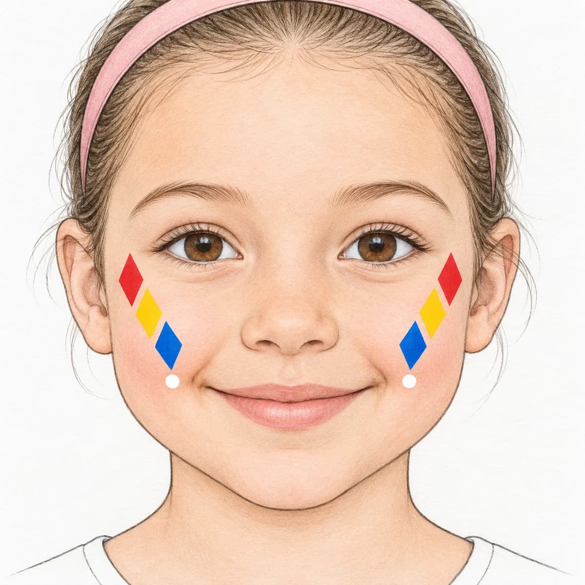 Maquillage d'arlequin facile pour enfant : Tu portes trois petits losanges sur chaque joue, comme deux guirlandes qui descendent vers les coins de ton sourire. Le rouge, le jaune et l