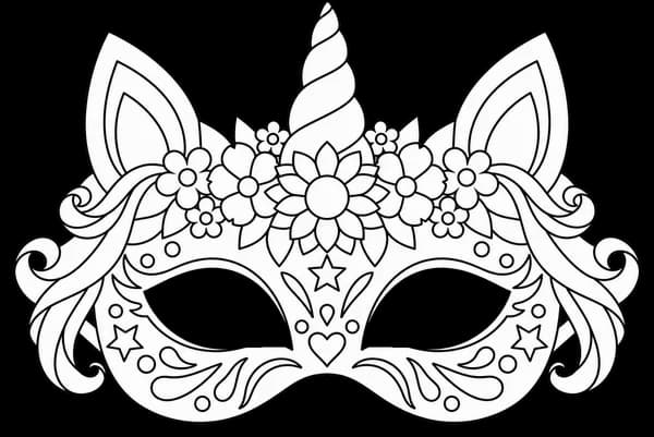 Masque de licorne à imprimer, version au trait à décorer