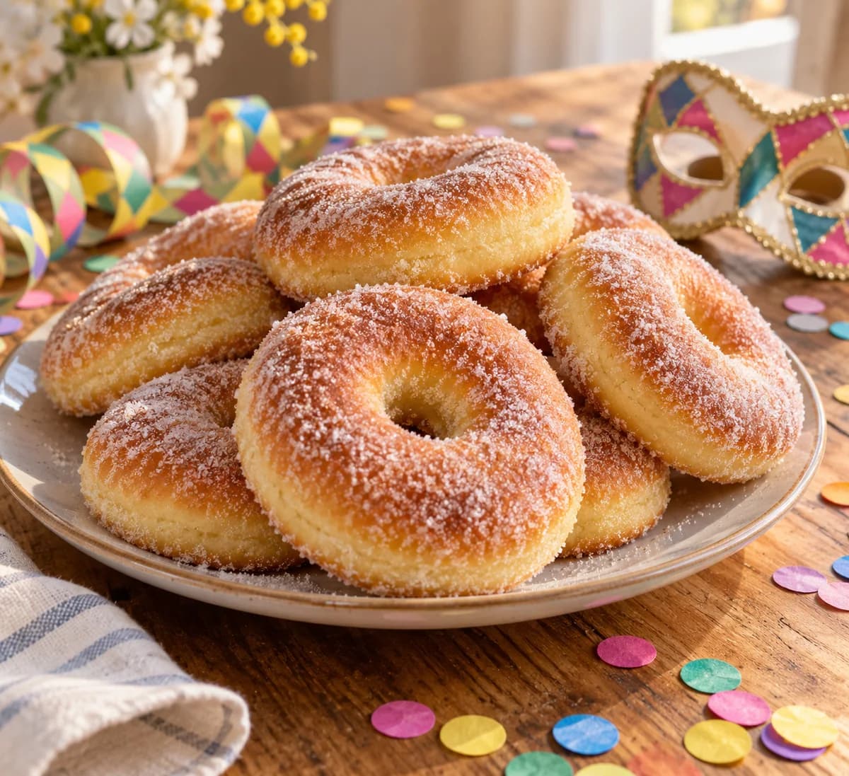 Beignets de Carnaval au four : Les beignets sont ronds, légèrement bombés et légèrement dorés sur le dessus, avec une fine couche de sucre. Leur mie ressemble à celle d’un