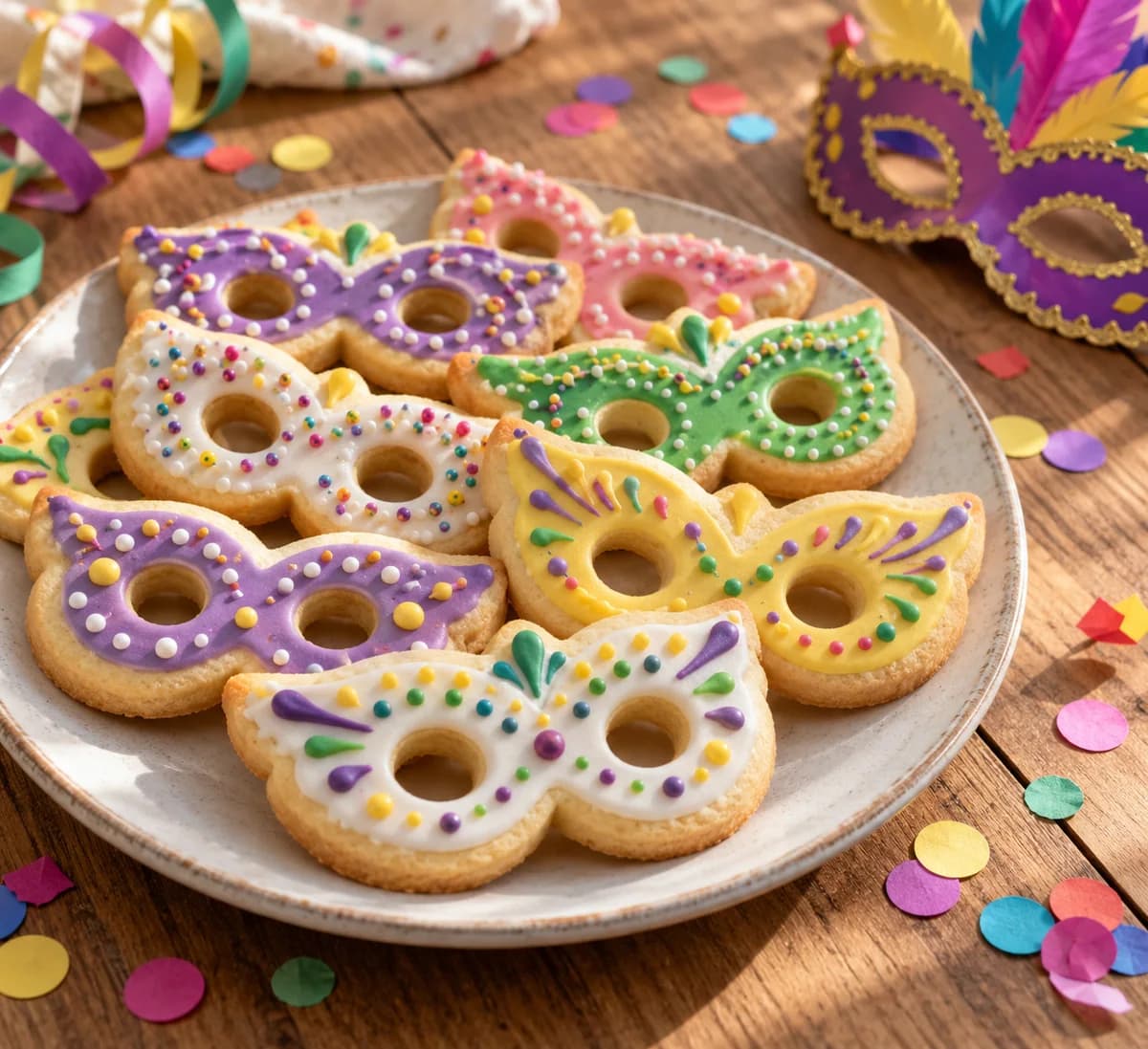 Biscuits masques de Carnaval : Les masques sablés ont des bords légèrement dorés et deux yeux ronds découpés dans la pâte. Des lignes et des petits points de glaçage blanc