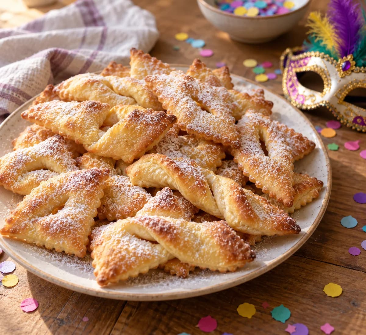 Bugnes de Mardi gras au four : Les bugnes forment des losanges dorés sur les bords, avec une fente au centre et une fine couche de sucre glace. Leur texture se rapproche d