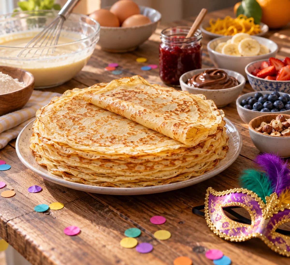Crêpes de Mardi gras : la recette facile : Les crêpes sont fines et souples, avec de petites taches dorées. Tu peux les plier en deux avec du sucre ou les rouler autour d’une fine cou